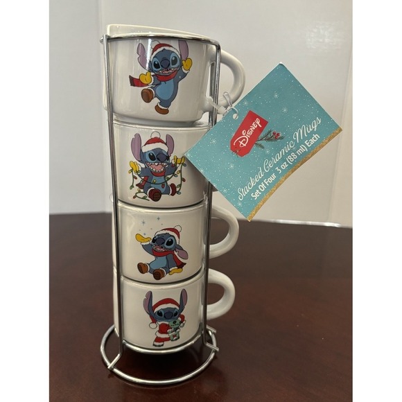 Disney Lilo & Stitch Christmas Holiday Stackable Espresso Coffee Mug Cup Set 4 - Picture 1 of 5